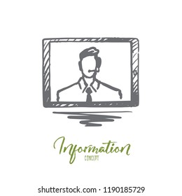 Information, television, web, monitor concept. Hand drawn person on screen of monitor concept sketch. Isolated vector illustration.