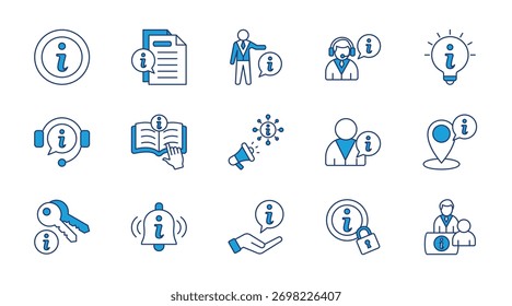 Information thin blue icon set. Containing news, personal information, help, hint, support, instuctions, inform, user info, location, key information. Vector illustration