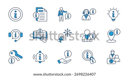 Information thin blue icon set. Containing news, personal information, help, hint, support, instuctions, inform, user info, location, key information. Vector illustration