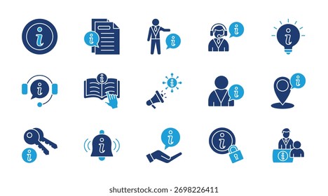 Informationen dünne flache blaue Symbol-Set. Enthaltend Nachrichten, persönliche Informationen, Hilfe, Tipp, Support, Anweisungen, Informieren, Benutzerinformationen, Standort, Schlüsselinformationen. Vektorgrafik