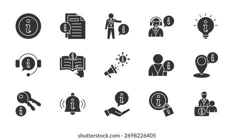 Informationen dünne Glyphe-Symbol-Set. Enthaltend Nachrichten, persönliche Informationen, Hilfe, Tipp, Support, Anweisungen, Informieren, Benutzerinformationen, Standort, Schlüsselinformationen. Vektorgrafik
