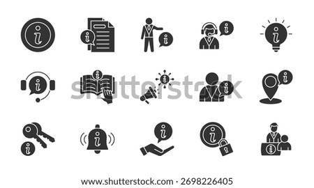 Information thin glyph icon set. Containing news, personal information, help, hint, support, instuctions, inform, user info, location, key information. Vector illustration