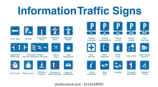 Coleção de sinais de tráfego de informação, ilustração do sinal de tráfego da caixa azul no poste de metal.	