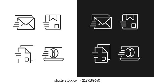 Information transmission pixel perfect linear icons set for dark, light mode. Letter and parcel delivery. Digital data. Thin line symbols for night, day theme. Isolated illustrations. Editable stroke