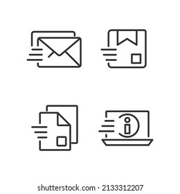 Datenübertragungs-Pixel perfekte lineare Symbole gesetzt. Brief- und Paketzustellung. Digitale Daten. Anpassbare Thin-Line-Symbole. Einzige Vektorgrafik-Rahmenillustrationen. Bearbeitbarer Hub