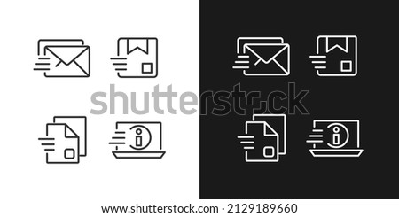 Information transmission pixel perfect linear icons set for dark, light mode. Letter and parcel delivery. Digital data. Thin line symbols for night, day theme. Isolated illustrations. Editable stroke