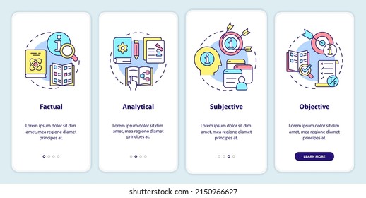 Information types onboarding mobile app screen. Factual and analytical walkthrough 4 steps graphic instructions pages with linear concepts. UI, UX, GUI template. Myriad Pro-Bold, Regular fonts used