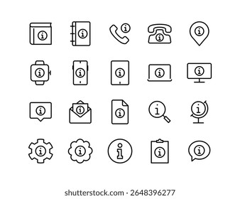 Conjunto de Ícones do Vetor de Informações | Espessura ajustável da linha | Smartwatch, smartphone, laptop, ajuda, informações, contato, guia, suporte, pesquisa, comunicação, globo, ícones do livro