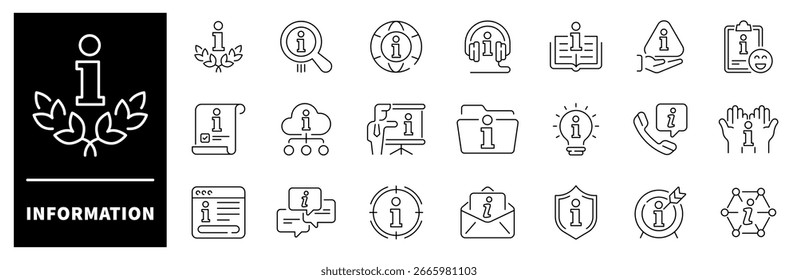 Iconos de vector de información en estilo de línea. Conjunto de iconos de línea delgada de información. Iconos de esquema de información