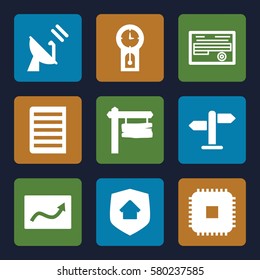 information vector icons. Set of 9 information filled icons such as direction board, document, home security, direction, satellite, pendulum, chart