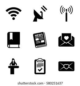 information vector icons. Set of 9 information filled icons such as signal tower, airport desk, love letter, clipboard, news, wi-fi, satellite