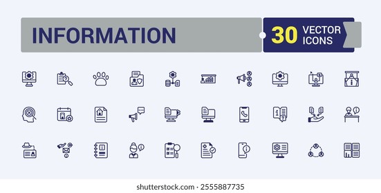 Information vector line icon set. Contains related to email, help, guide, instruction, technology, news and more. Set of line pictogram. Editable vector icon and illustration.