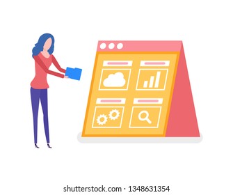 Information in visual form on screen vector. Worker with folder decoding info, cloud and cogwheel, gear sign of process. Magnifying glass search symbol