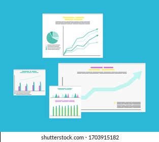 Information in visual representation vector, documents with info. Flowcharts presentation, research results on tables, timeline and rising arrowheads