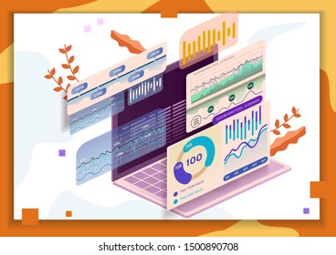 Information visualization. Development of user-friendly and user-friendly design of multitasking projects. Data collection and processing, isometric style infographics.