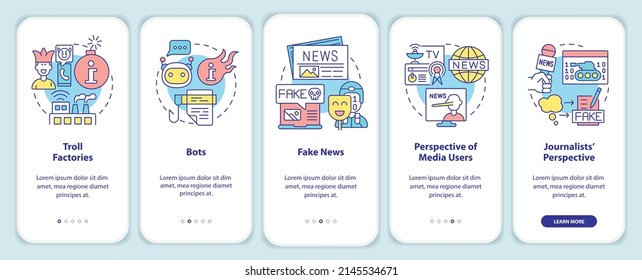 Information war over Internet onboarding mobile app screen. Walkthrough 5 steps graphic instructions pages with linear concepts. UI, UX, GUI template. Myriad Pro-Bold, Regular fonts used