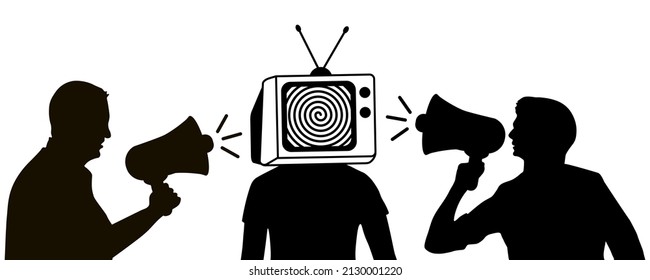 Information war. Two men speak information into loudspeakers to third man with excess of information. Vector illustration