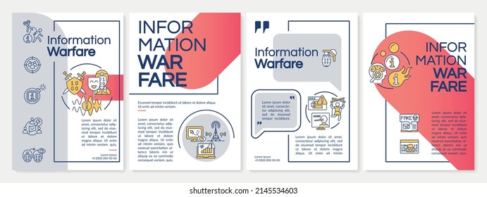 Information warfare red and grey brochure template. Mislead adversaries. Leaflet design with linear icons. 4 vector layouts for presentation, annual reports. Questrial, Lato-Regular fonts used