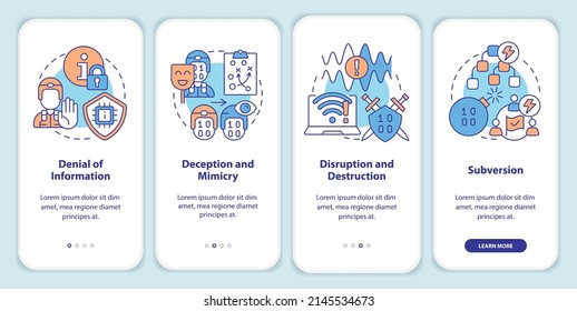 Information warfare tactics onboarding mobile app screen. Walkthrough 4 steps graphic instructions pages with linear concepts. UI, UX, GUI template. Myriad Pro-Bold, Regular fonts used