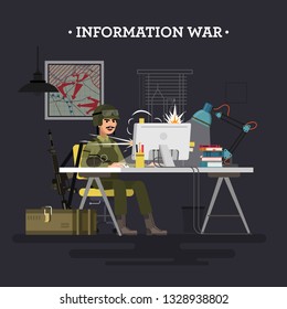 Guerra de la información, soldado. Ilustración vectorial. 