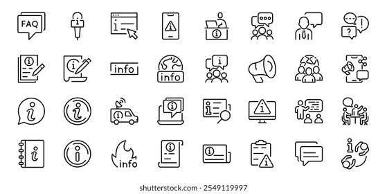 Iconos de línea de Web de información. Contiene iconos, instrucciones, una política de privacidad, un centro de información, manual, regla, guía, referencia, ayuda.