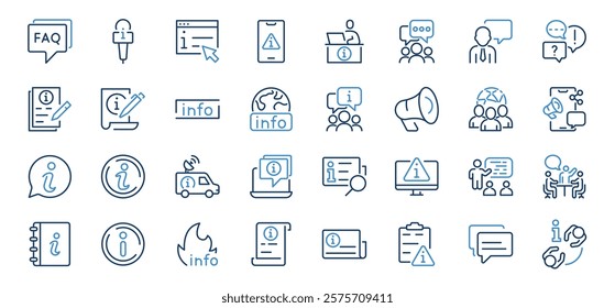 Information web line icons. Contains icons instructions, a privacy policy, an info center, manual, rule, guide, reference, help Editable stroke.