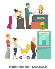 Information window or check in desk line or queue men and women vector isolated characters airport and bank family with luggage and receptionist elderly man mother with pram and guy in earphones.