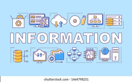 Information word concepts banner. Data management, web hosting. Servers and databases. Presentation, website. Isolated lettering typography idea with linear icons. Vector outline illustration