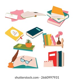 Informational and artistic books set. School studying materials, leisure reading time, book lovers, engaging literacy, poetry novels, shelf with handbooks vector illustration