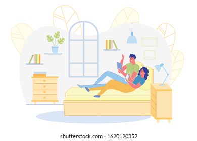 Informational Banner, Boy and Girl Relaxing Home. Young Couple is Relaxing Together in Bedroom. They are Lying next to them Bed and Using their Electronic Devices. Room there are Bookshelves.