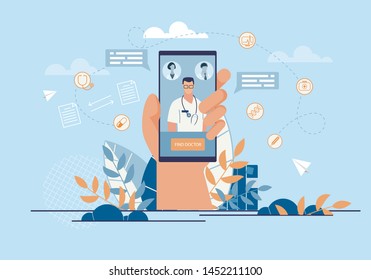 Informational Banner Call Doctor Application. Closeup Hand Holding Smartphone. On Screen Phone,  Doctor Will go to Help Patient. Professional Practitioner Clinic. Vector Illustration.