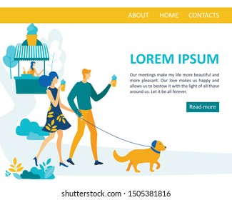 Informational Banner Couple in Love Walk with Dog. Man and Woman Love Each other as Much as Never Before. Husband and Wife are Walking around City with Dog on Leash. Vector Illustration.