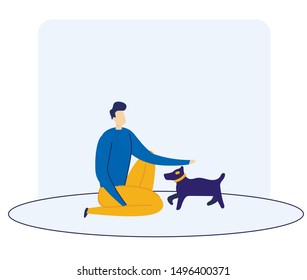 Informational Banner Dog Training Cartoon Flat. Man Crouched And Stroking Small Breed Dog. Guy Is Training Pet. Recreation And Entertainment For Owner Dog And Pet. Vector Illustration.