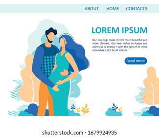 Informational Banner Expecting Baby Cartoon Flat. Poster Sympathy And Empathy In Marriage. Pregnant Wife and Husband Stand Embracing, Man Stroking Womans Belly. Vector Illustration.