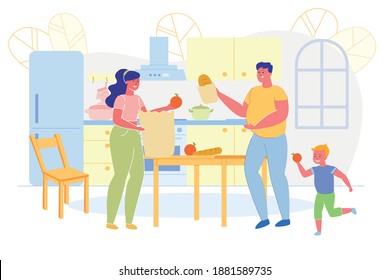 Informational Banner, Family Unpacks Purchases. Parents have Fun with their Son. At Home they get Purchases from Bags. Kitchen is in Pleasant Shades, there is Dining Table and all Kitchen Furniture