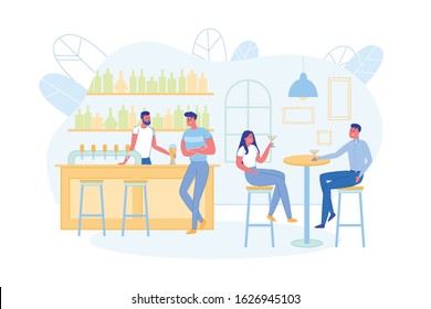 Informational Banner, Fun Evening Date at Bar. Young Couple Drinking Alcoholic Cocktails Together. They Sit High Bar Stools and Discuss Interesting Topics. Bartender Gives Beer to Client at Bar.