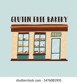 Informational banner gluten free bakery cartoon. Building facade with inscription. Bakery with good pastries. Building with glass windows door. Use gluten-free healthy ingredient. Vector illustration.