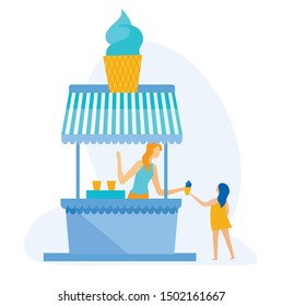 Informational Banner Ice Cream on Beach Cartoon. Cold Dessert Seller is Selling at Kiosk. Girl Buys Ice Cream in Summer in Heat. Seasonal Sale Ice Cream on Street. Vector Illustration.