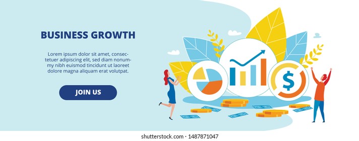 Informational Banner Inscription Business Growth. Poster Enhancing Brand Credibility. Guy and Girl are Glad to Growth Financial Indicators. Pie Charts on Equity. Vector Illustration. 