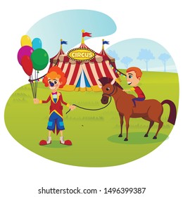 Informational Banner Inscription on Tent Circus. Clowns and Trained Animals in Circus Tent. Clown with Balloons Rides Child on Pony. Entertainment Circus Tent. Vector Illustration.