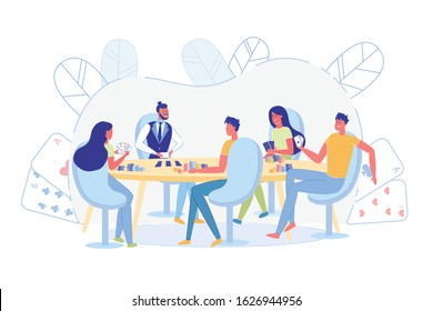 Informational Banner, Meeting Friends Casino Game. Men and Women Sit at Table in Casino. Boys and Girls Play Board and Gambling. Joint Rest in Evening Cartoon. Vector Illustration.