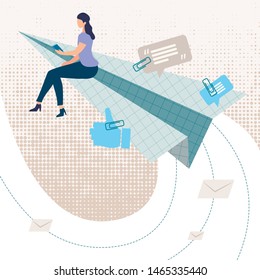 Informational Banner Online Response Application. Flyer Conceptual Idea Fast Messaging. Girl Flies on Paper Airplane and Makes Notes about Content Through Phone. Vector Illustration.