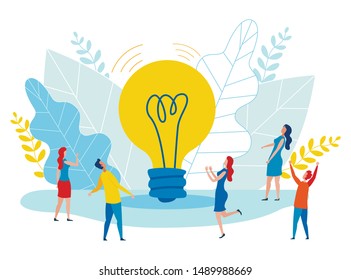 Informational Banner Promotion Idea Cartoon Flat. Complex Internet Promotion Tasks. Close Up Big Glowing Light Bulb, around Man and Girl. Productive Business Idea. Vector Illustration.