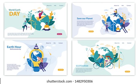 Informational Banner Set Written by Ecotourism. Flyer Inscription Save Our Planet, Earth Hour, World Earth Day. Family Rides Bicycle around Planet. Men and Women Take Care Planet Cartoon.