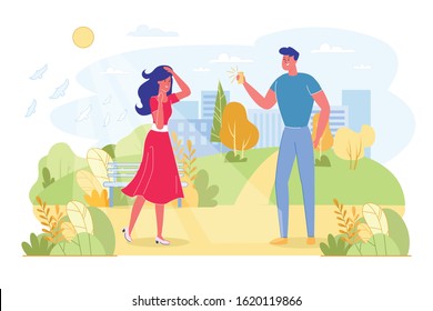 Informational Banner, Spouses Take Photos on Walk. Guy Takes Pictures his Girlfriend in Park on Smartphone. She Smiles and Straightens her Hair. Sun is Shining Outside and Birds are Flying.