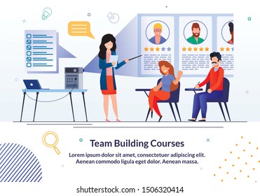 Informational Banner Time Building Courses Flat. Educational Institutions are Introducing Online Education to Educate their Students. Men and Women Sit in Audience and Listen to Speaker.