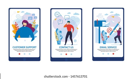 Informational Banner is Written Customer Support. Set Poster Inscription Contact Us, Email Service. Girl Working in Call Center. Guy Calls Customers Standing in Office. Vector Illustration.