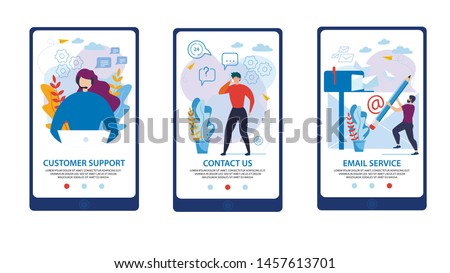 Informational Banner is Written Customer Support. Set Poster Inscription Contact Us, Email Service. Girl Working in Call Center. Guy Calls Customers Standing in Office. Vector Illustration.