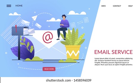 Informational Banner Is Written Email Service. Men Sit on Envelope and Send Information to Customers. Traditional Mailbox Next to Email Box Cartoon. Vector Illustration Landing Page.