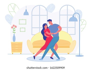 Informational Banner, Young Couple Dancing Tango. Young Couple Dressed in Evening Dresses Dancing in Room against Background Sofa and Windows. Beautiful Couple Dancing and Smiling.